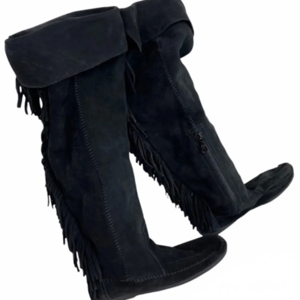 Vintage Suede Boots Black Fringe Knee High Tall Y2K Minnetonka Indian Moccasins
